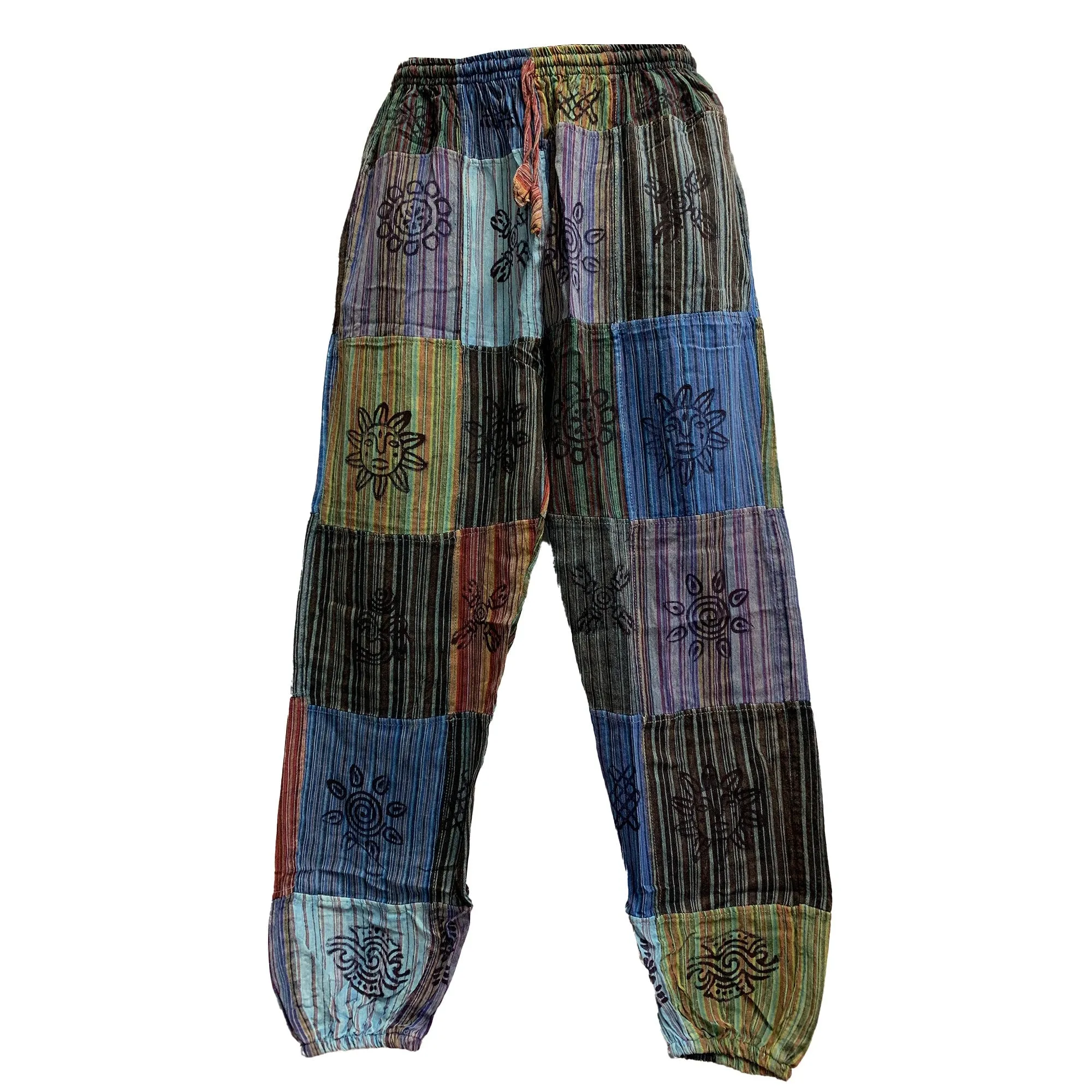 Mens Stonewashed Cotton Bohemian Vintage Yoga Ethnic Print Patchwork Harem Pants #1