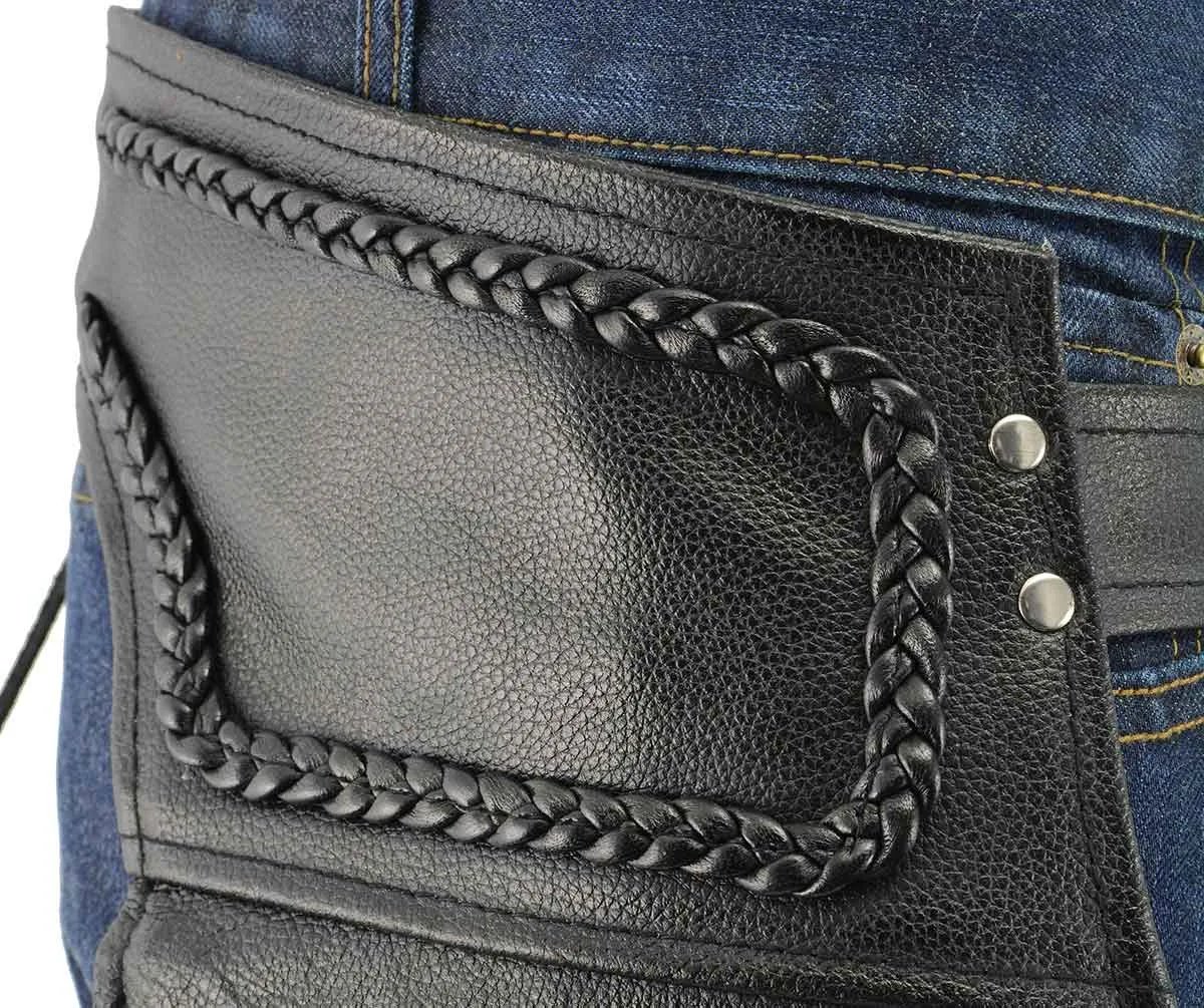 Men's XS406 Classic Black Braided Thermal Lined Leather Motorcycle Chaps with Outside Flap Pocket