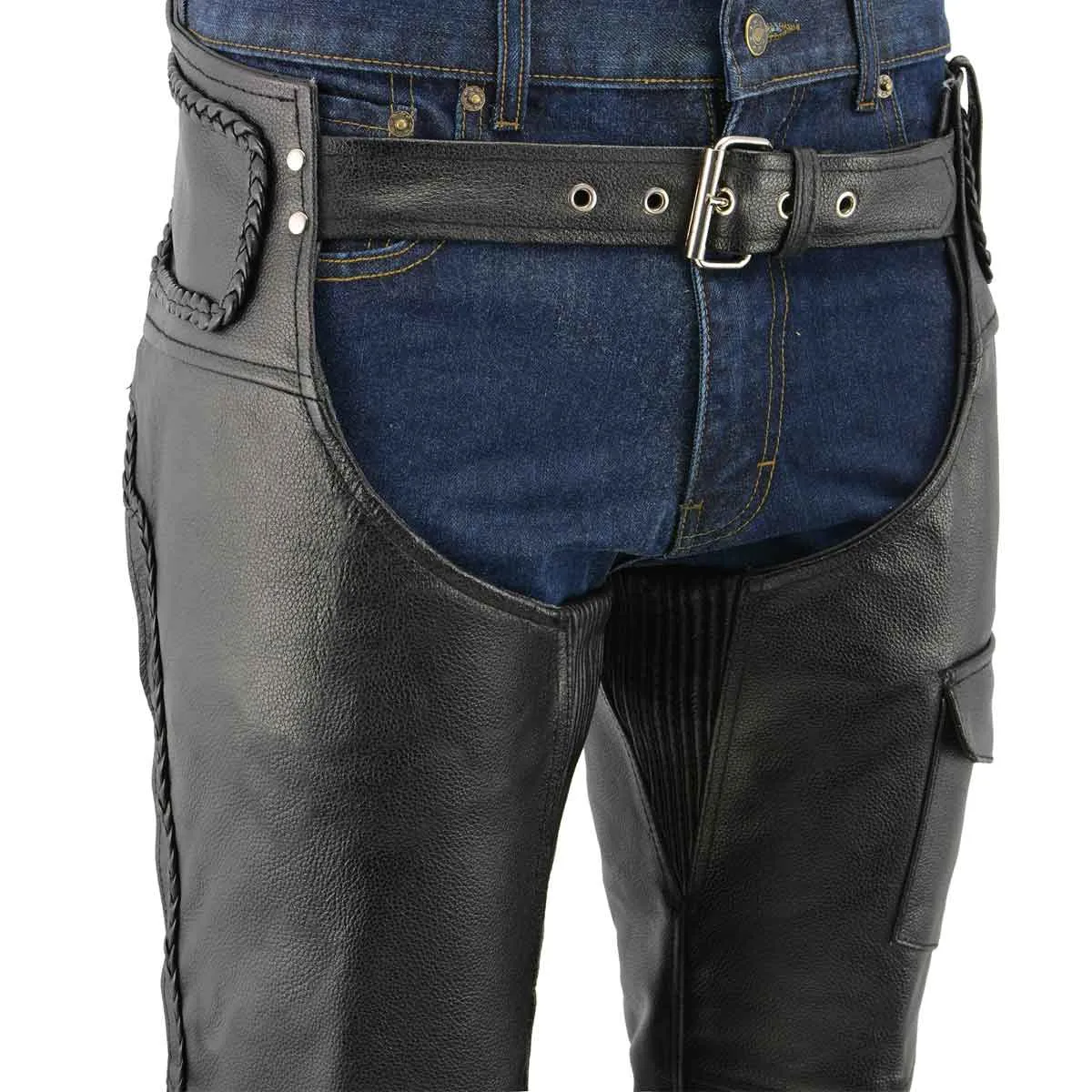 Men's XS406 Classic Black Braided Thermal Lined Leather Motorcycle Chaps with Outside Flap Pocket