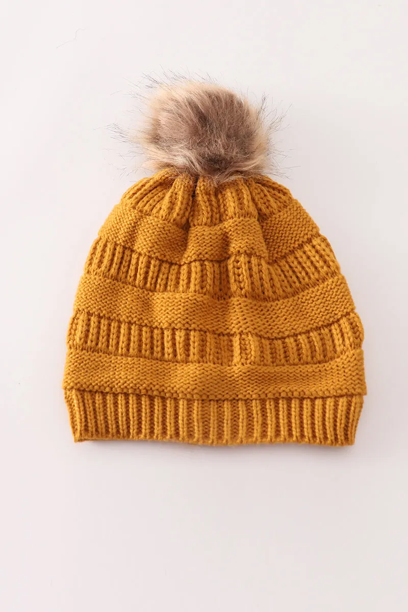 Mustard pompom cable beanie