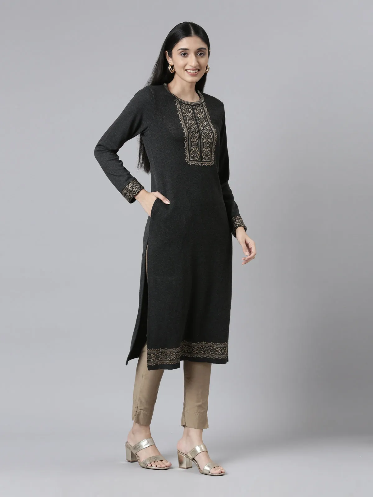 Neeru's Winter Wear Charcoal Yoke Design Straight Fit Regular Acrylic Kurta For Women