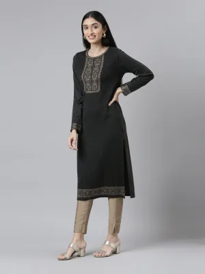 Neeru's Winter Wear Charcoal Yoke Design Straight Fit Regular Acrylic Kurta For Women