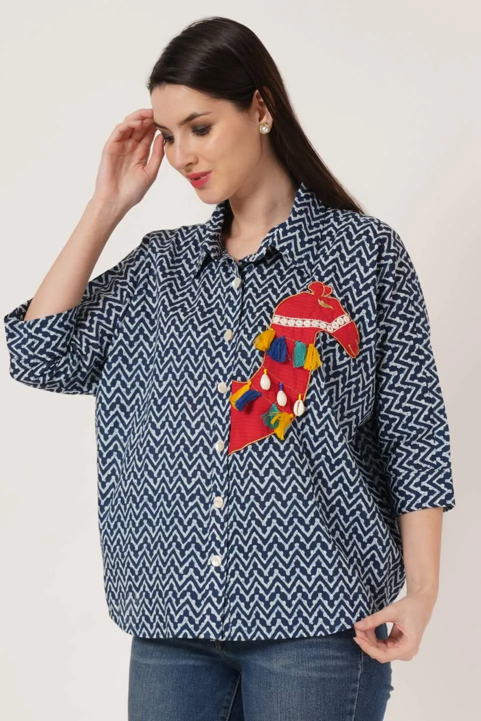 Oversized Zigzag Printed Cotton Shirt For Women