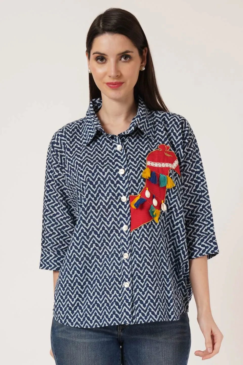 Oversized Zigzag Printed Cotton Shirt For Women