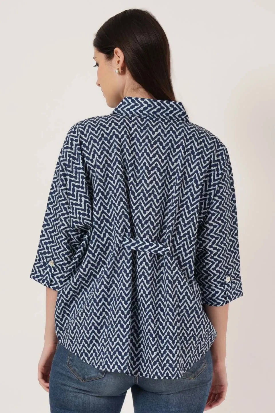 Oversized Zigzag Printed Cotton Shirt For Women