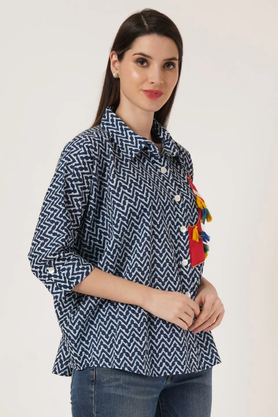 Oversized Zigzag Printed Cotton Shirt For Women