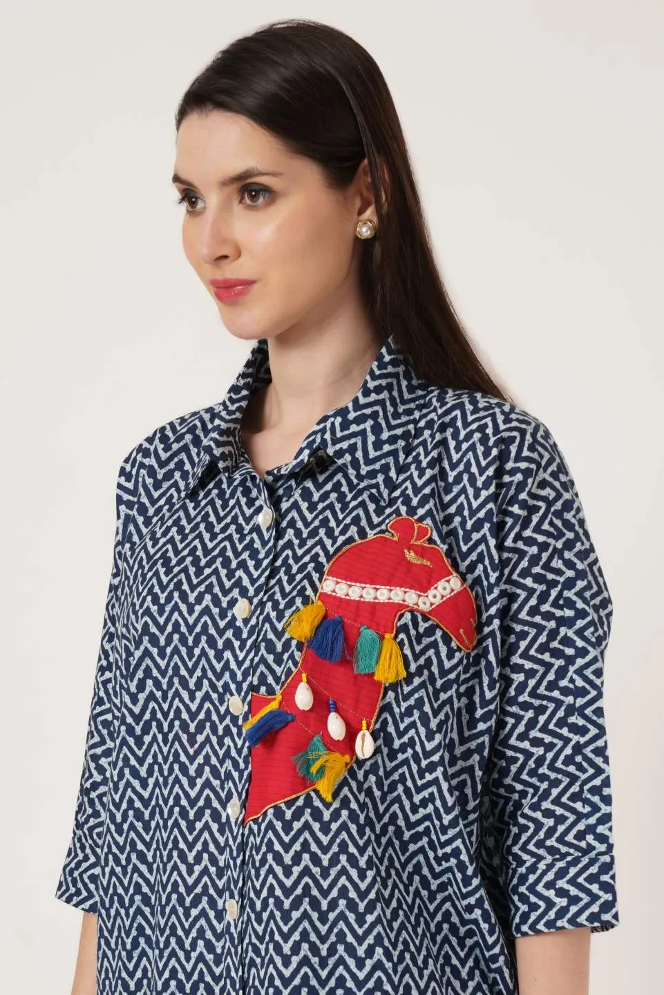 Oversized Zigzag Printed Cotton Shirt For Women