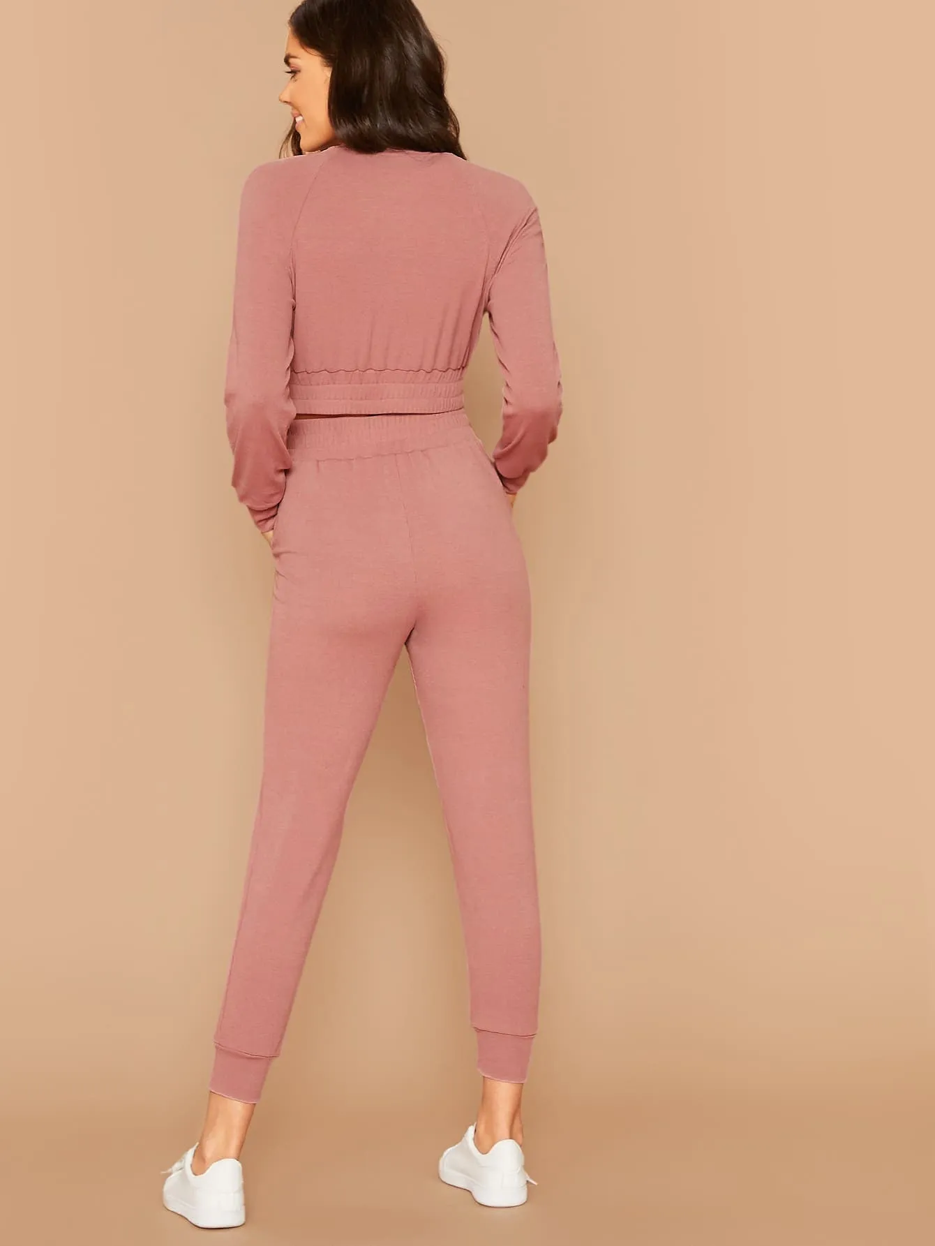 Pastel Pink Stand Collar Raglan Sleeve Bomber Jacket & Joggers Set