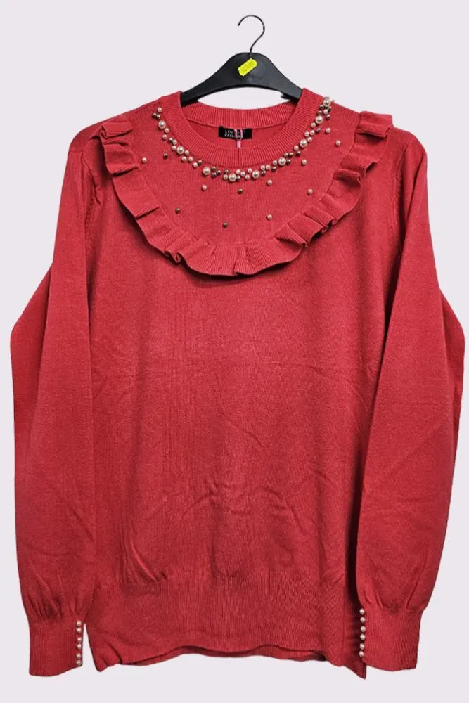 Plain Beaded Ruffle Long Sleeve Knitted Top