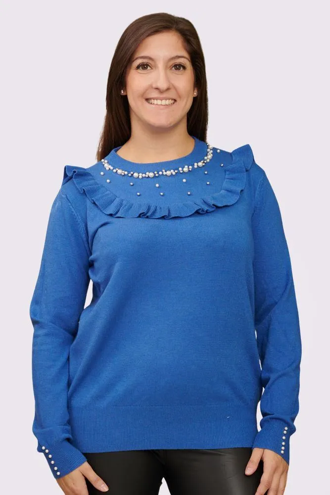 Plain Beaded Ruffle Long Sleeve Knitted Top