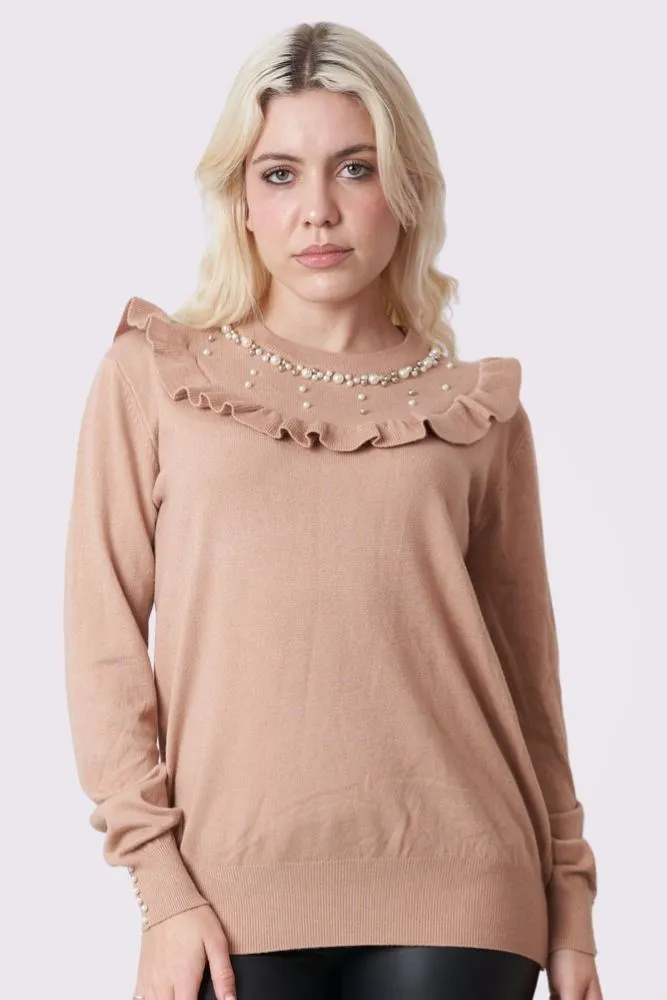 Plain Beaded Ruffle Long Sleeve Knitted Top