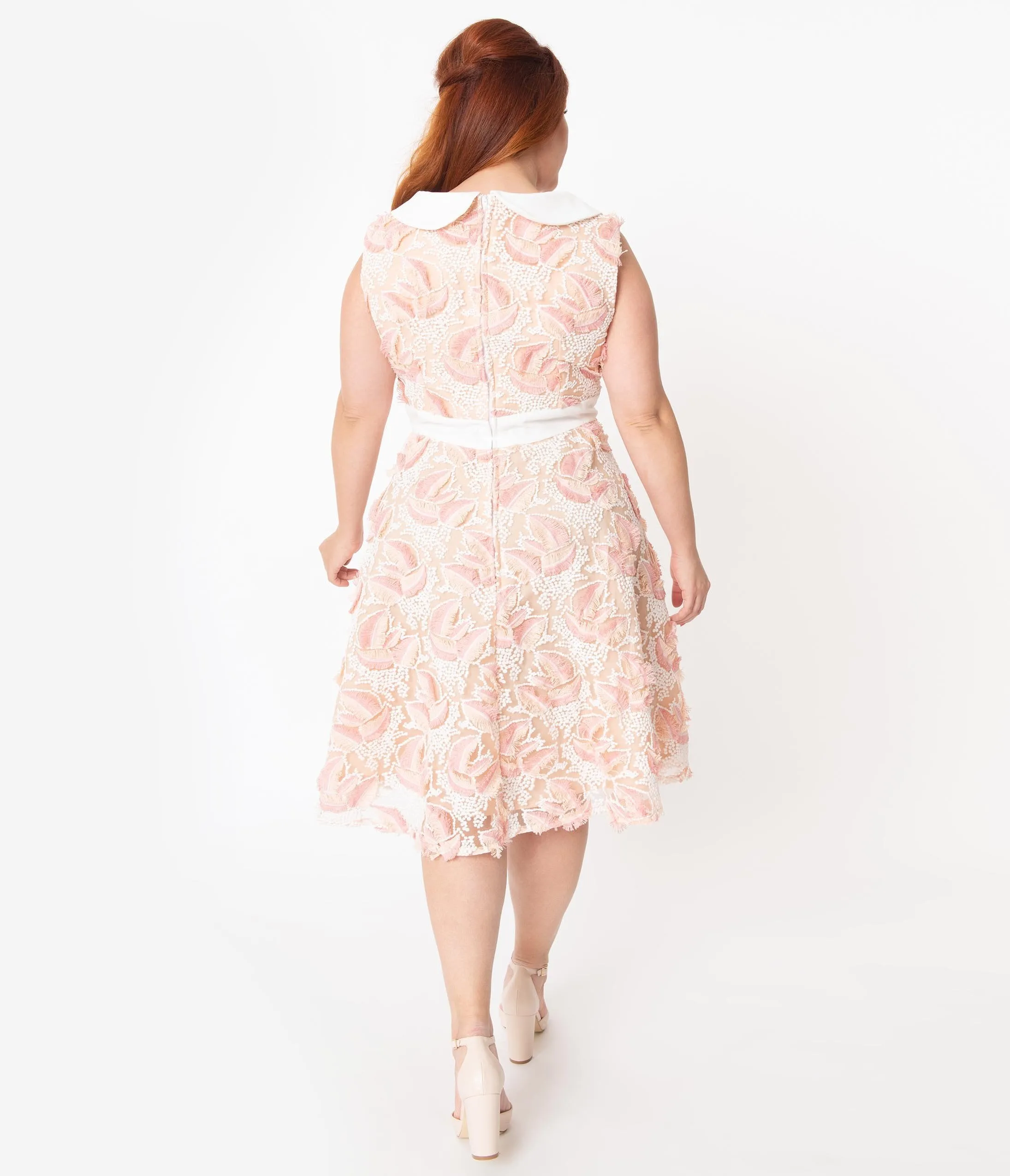 Plus Size Retro Beige & Ivory Embroidered Tulle Alice Swing Dress