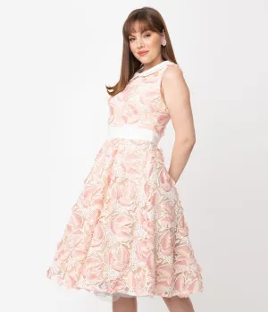 Retro Beige & Ivory Embroidered Tulle Alice Swing Dress