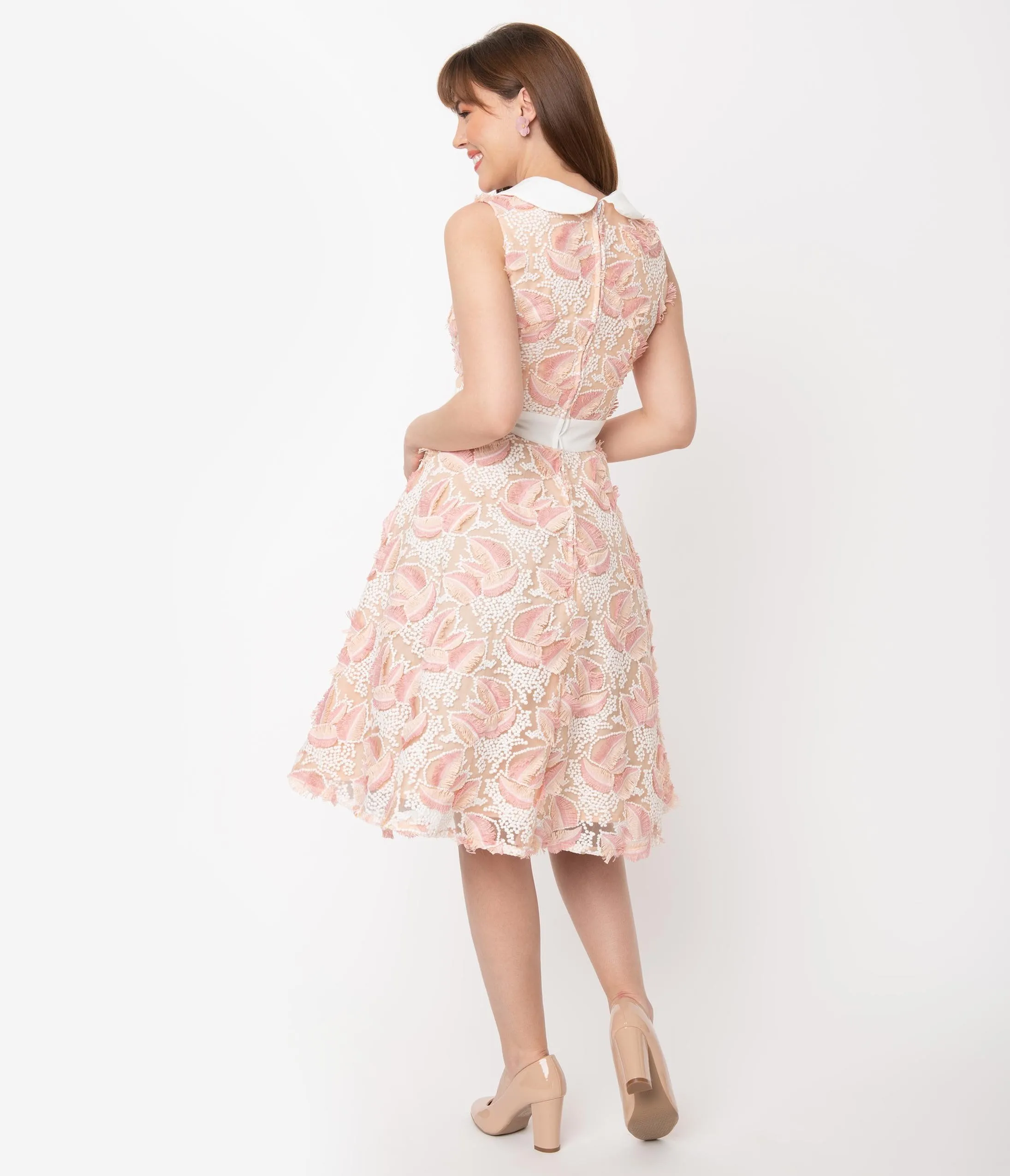 Retro Beige & Ivory Embroidered Tulle Alice Swing Dress