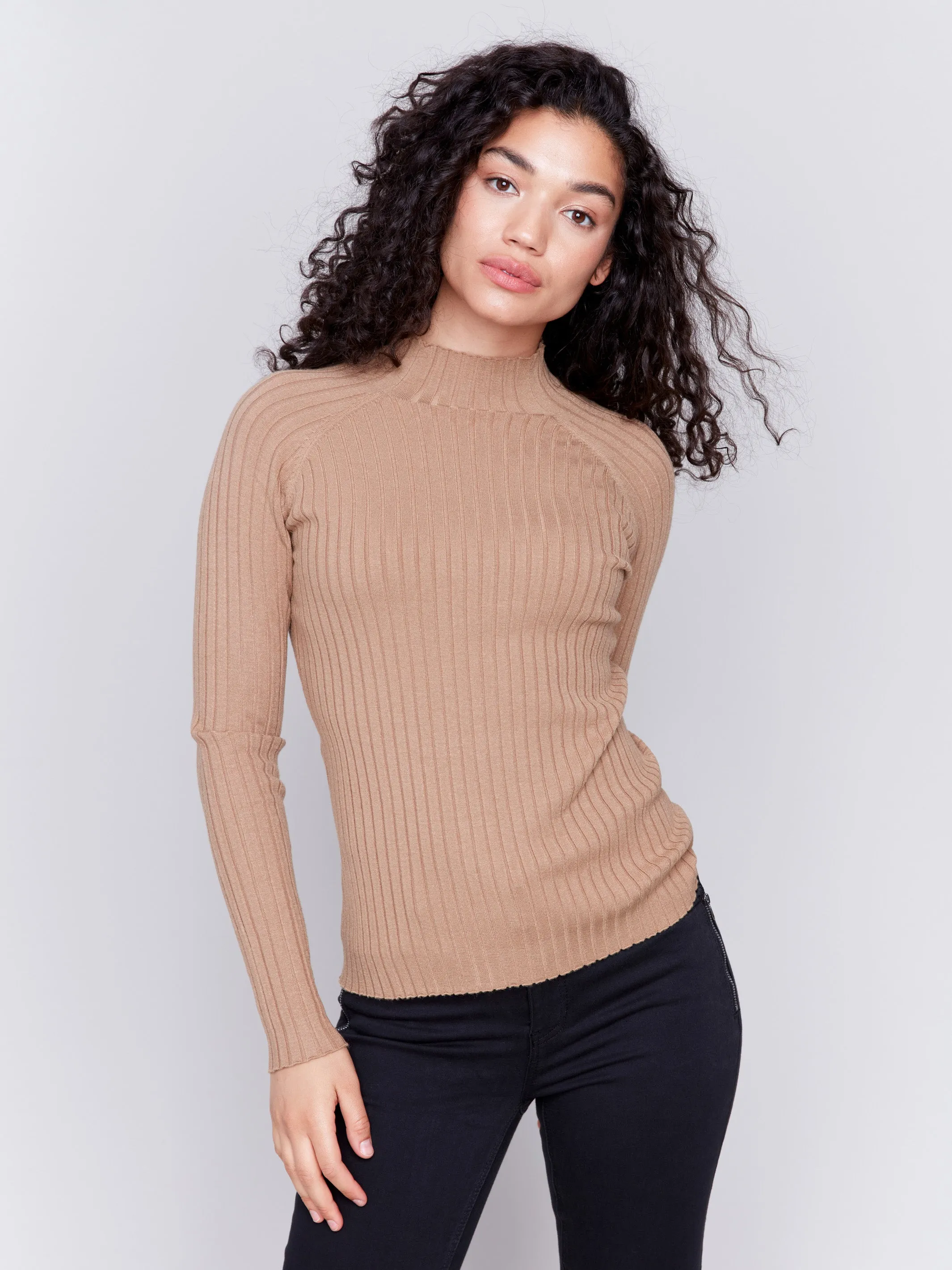 Ribbed Knit Mock Neck Sweater - Truffle