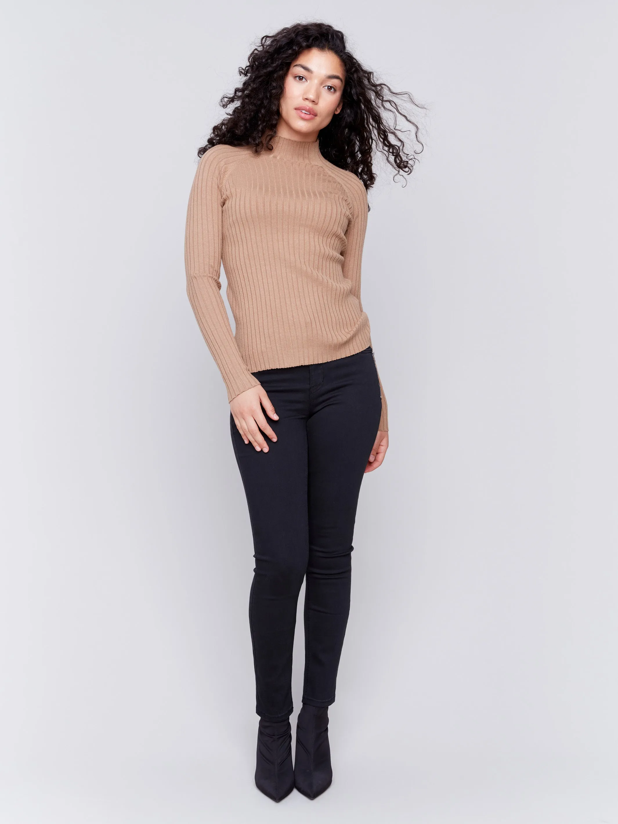 Ribbed Knit Mock Neck Sweater - Truffle