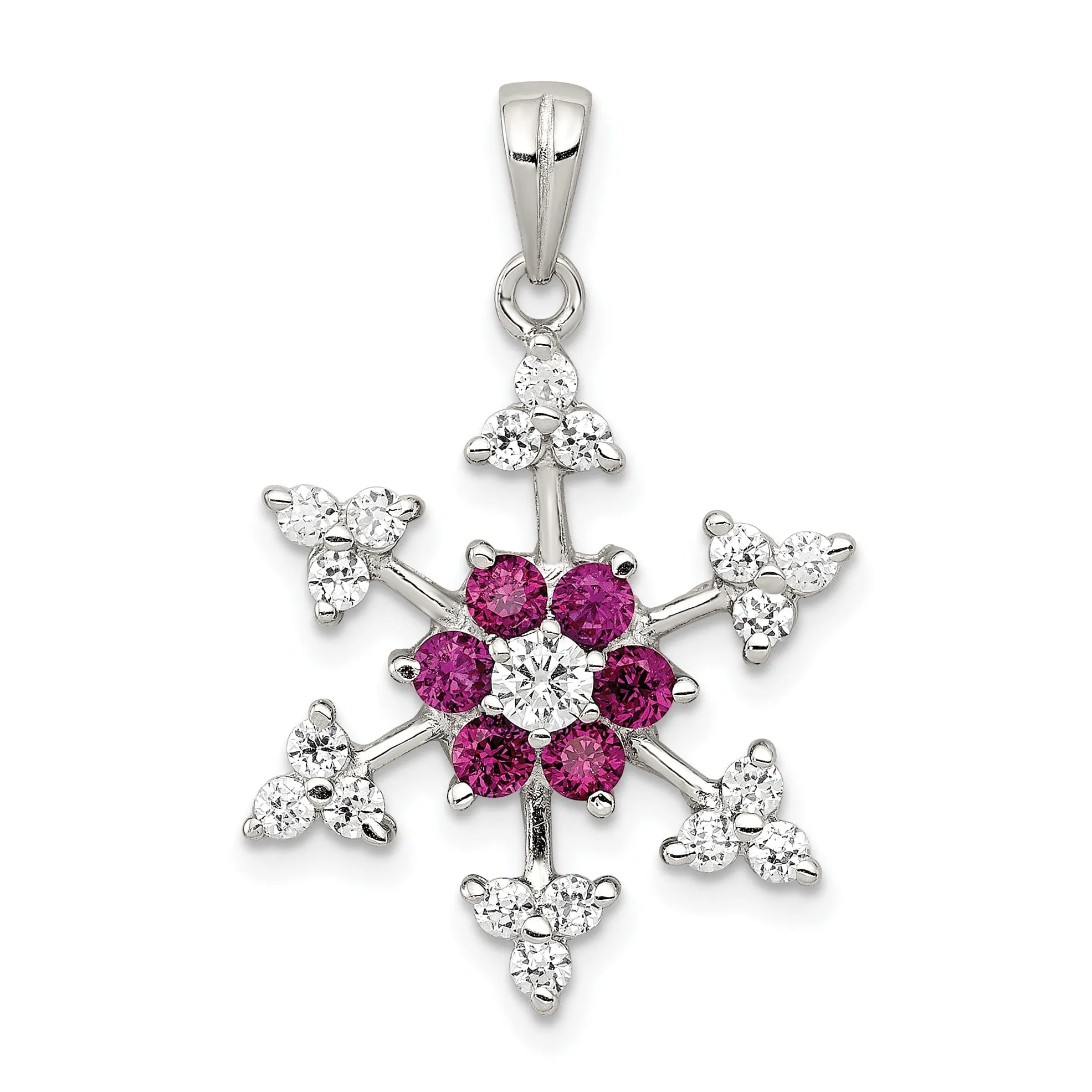 Silver Fuschia Cubic Zirconia Snowflake Pendant