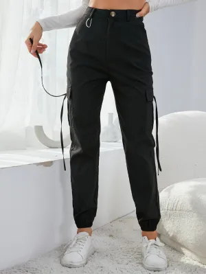 Sporty Plain Pocket Natural Long Women Pants