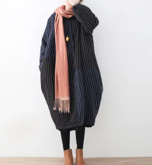 Stripe Autumn Wool Long Women Casual Plus Size Coat Jacket JT201002