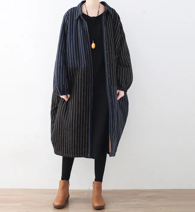 Stripe Autumn Wool Long Women Casual Plus Size Coat Jacket JT201002