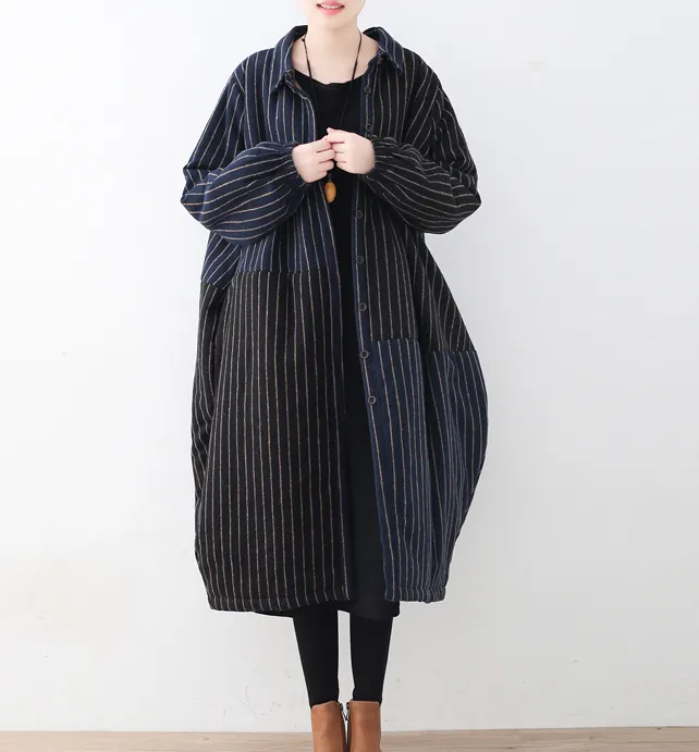 Stripe Autumn Wool Long Women Casual Plus Size Coat Jacket JT201002