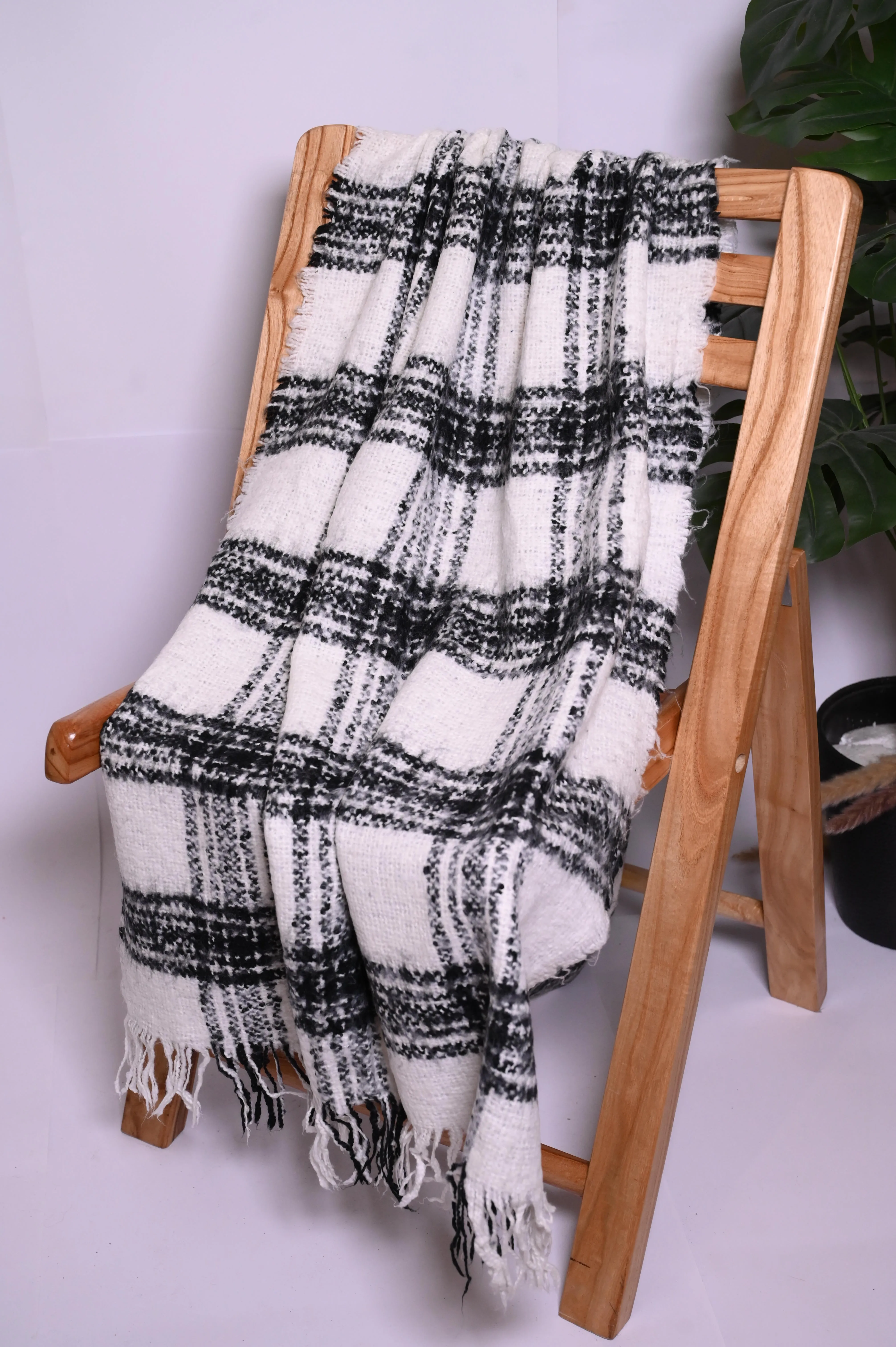 Thriftyfy White Wool Shawl - Elegant Black Patterns