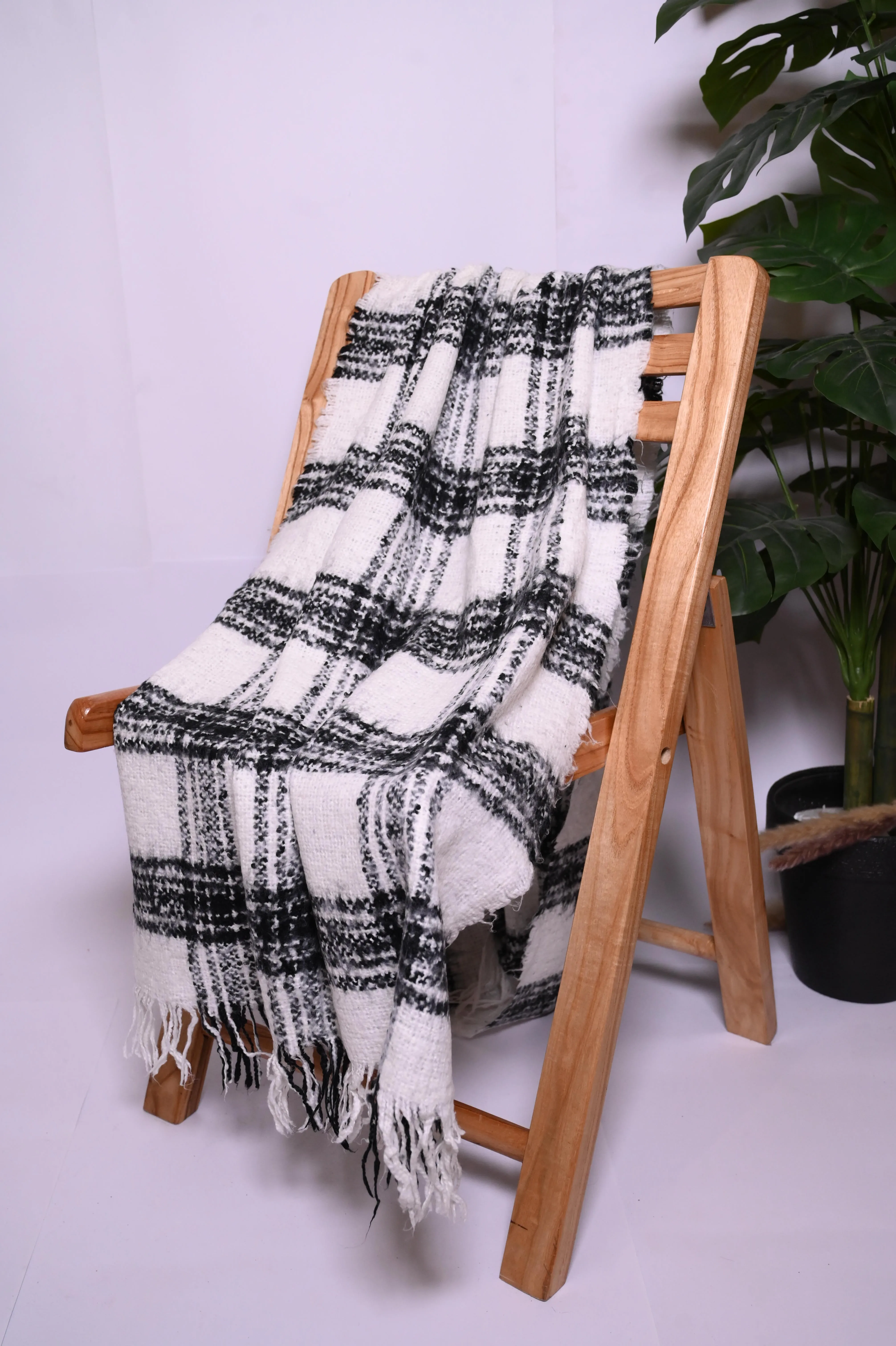 Thriftyfy White Wool Shawl - Elegant Black Patterns