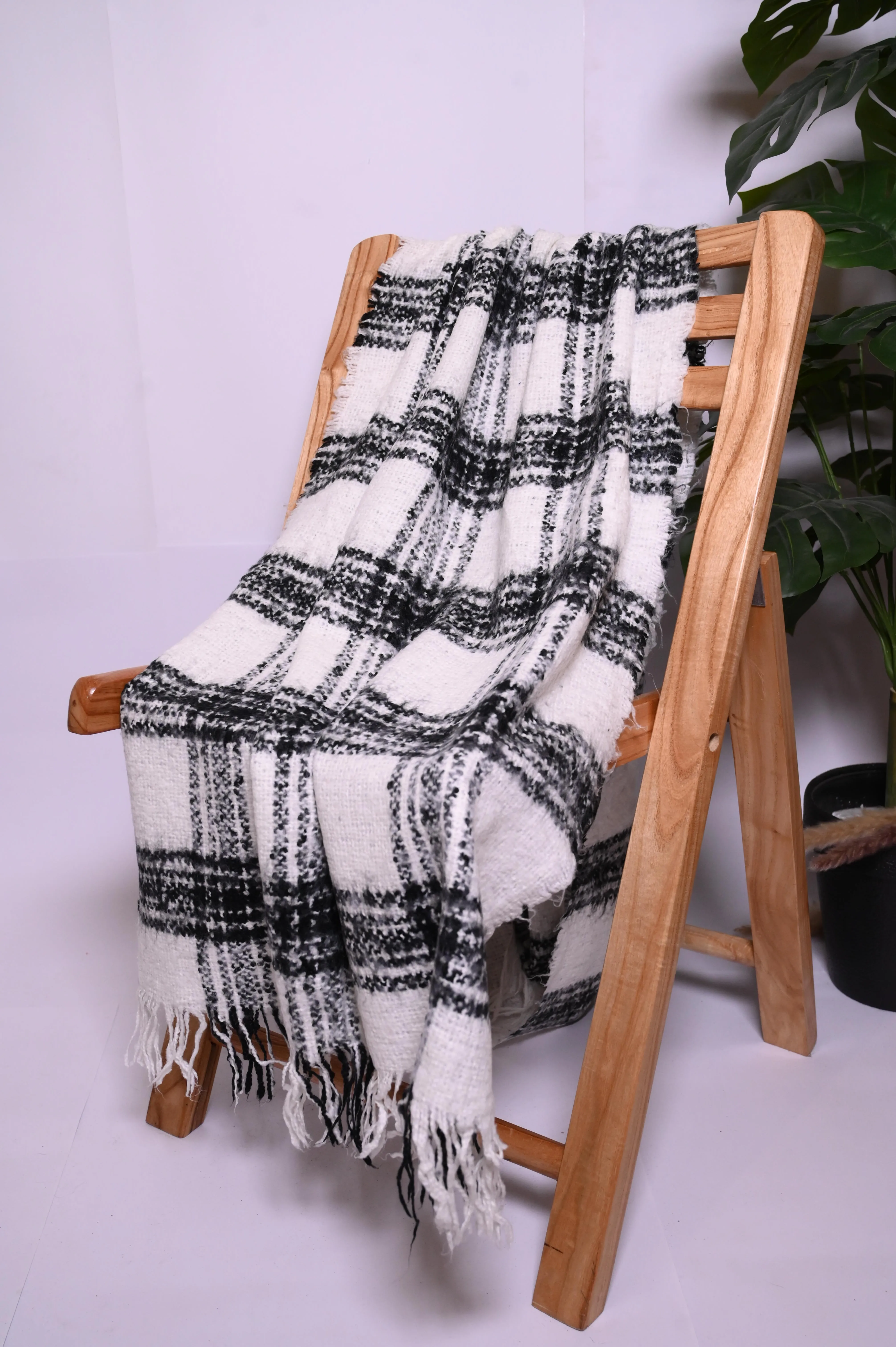 Thriftyfy White Wool Shawl - Elegant Black Patterns