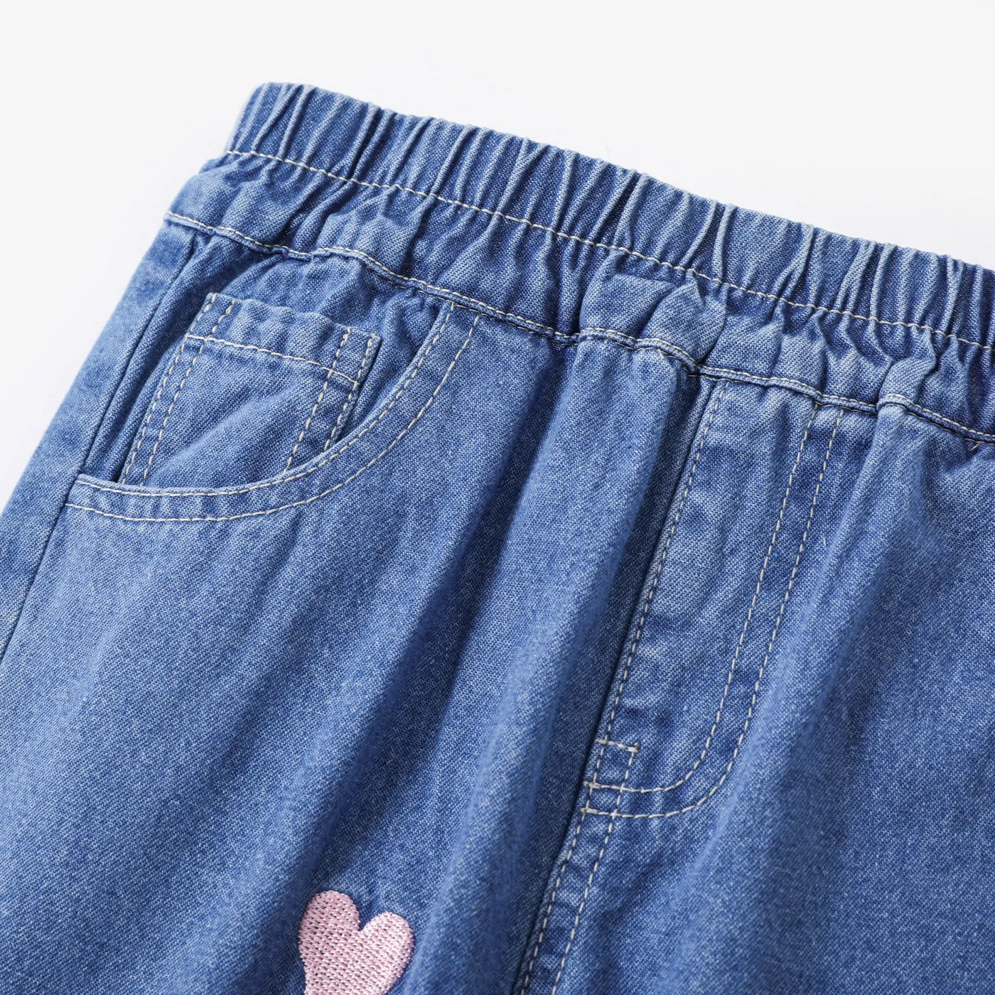 Toddler Girl Heart Embroidered Elasticized Blue Denim Jeans