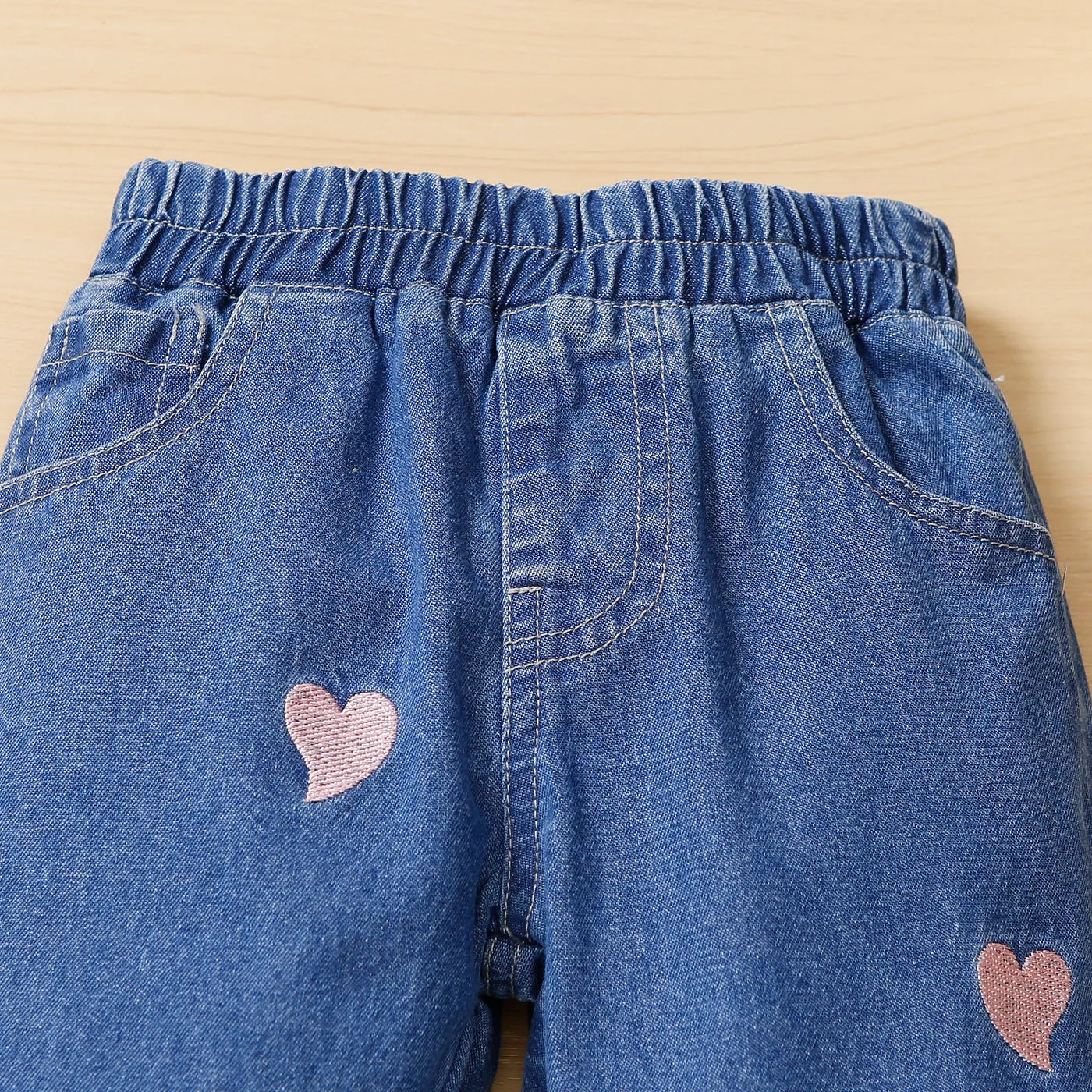 Toddler Girl Heart Embroidered Elasticized Blue Denim Jeans