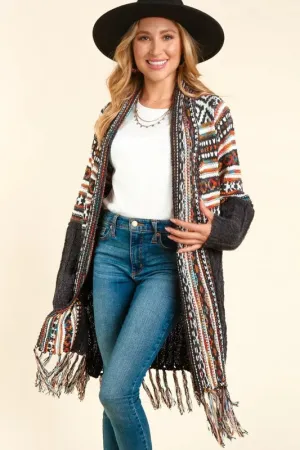 Tribal Shawl Cardigan with Fringe Tassel - Charcoal