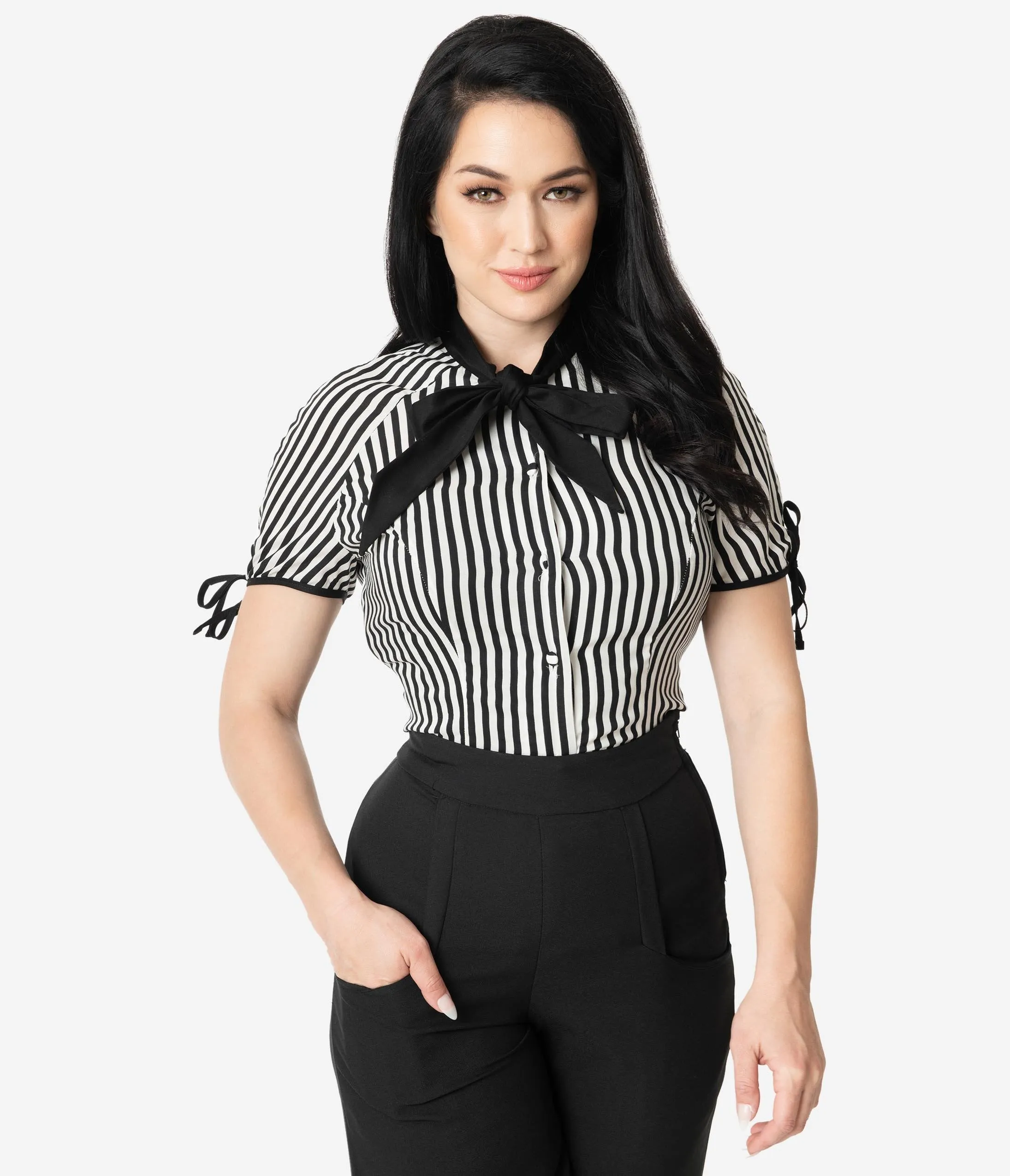 Unique Vintage 1940s Style Black & White Stripe Bow Tie Chita Blouse