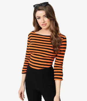 Unique Vintage Black & Orange Stripe Knit Three-Quarter Sleeve Gracie Top