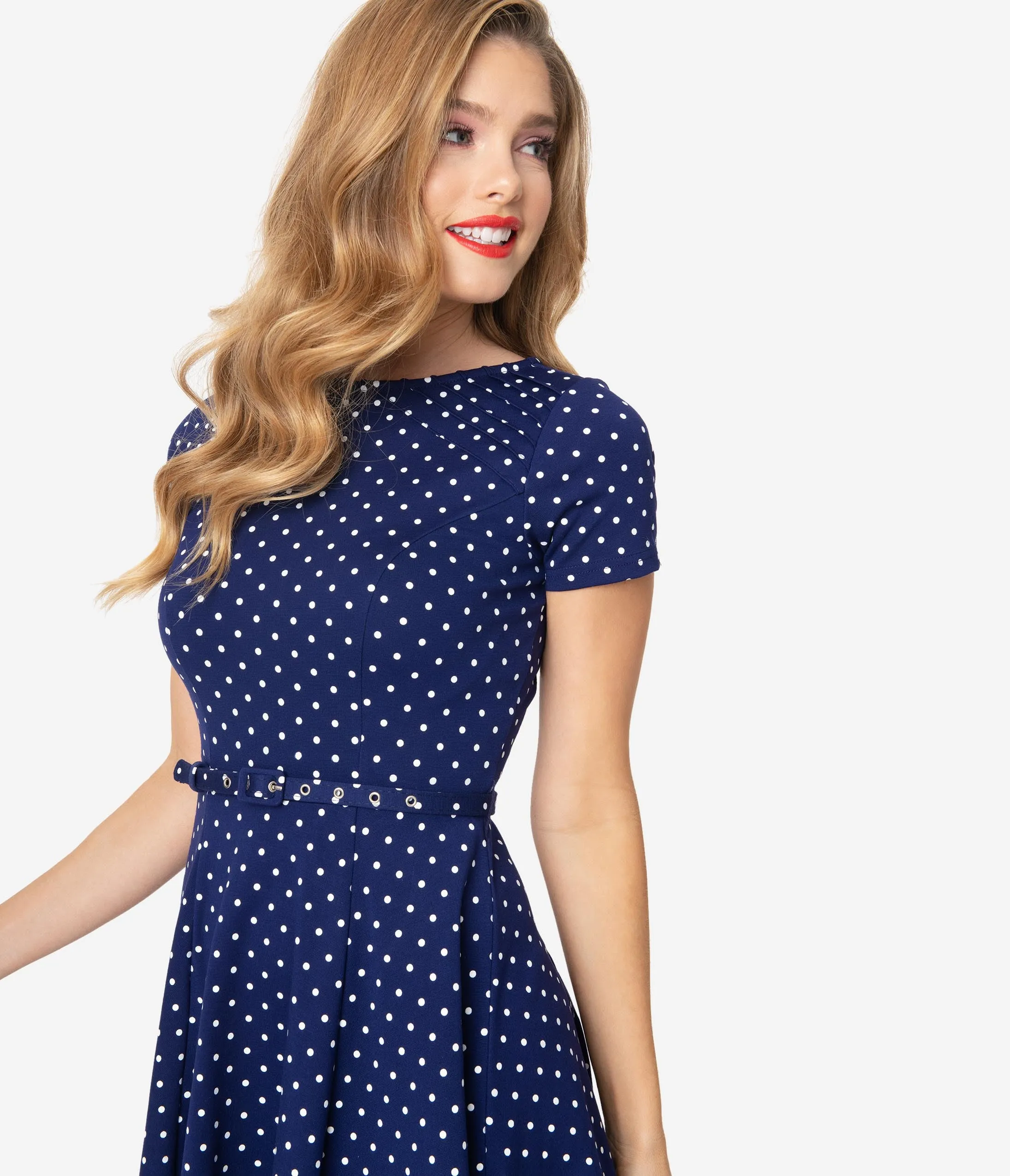 Unique Vintage Navy & White Pin Dot Short Sleeve Stephanie Fit & Flare Dress