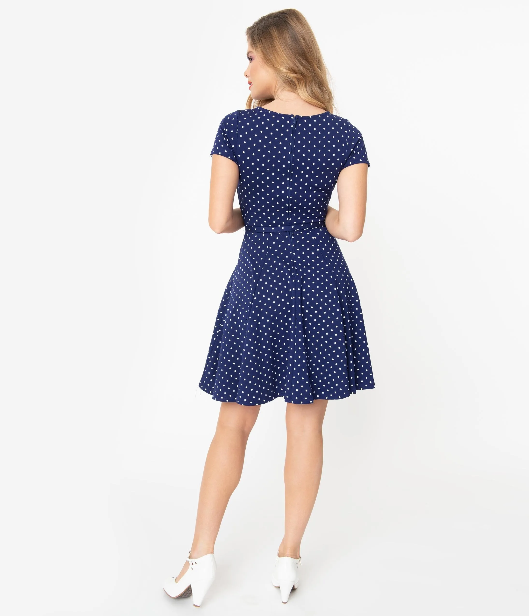 Unique Vintage Navy & White Pin Dot Short Sleeve Stephanie Fit & Flare Dress