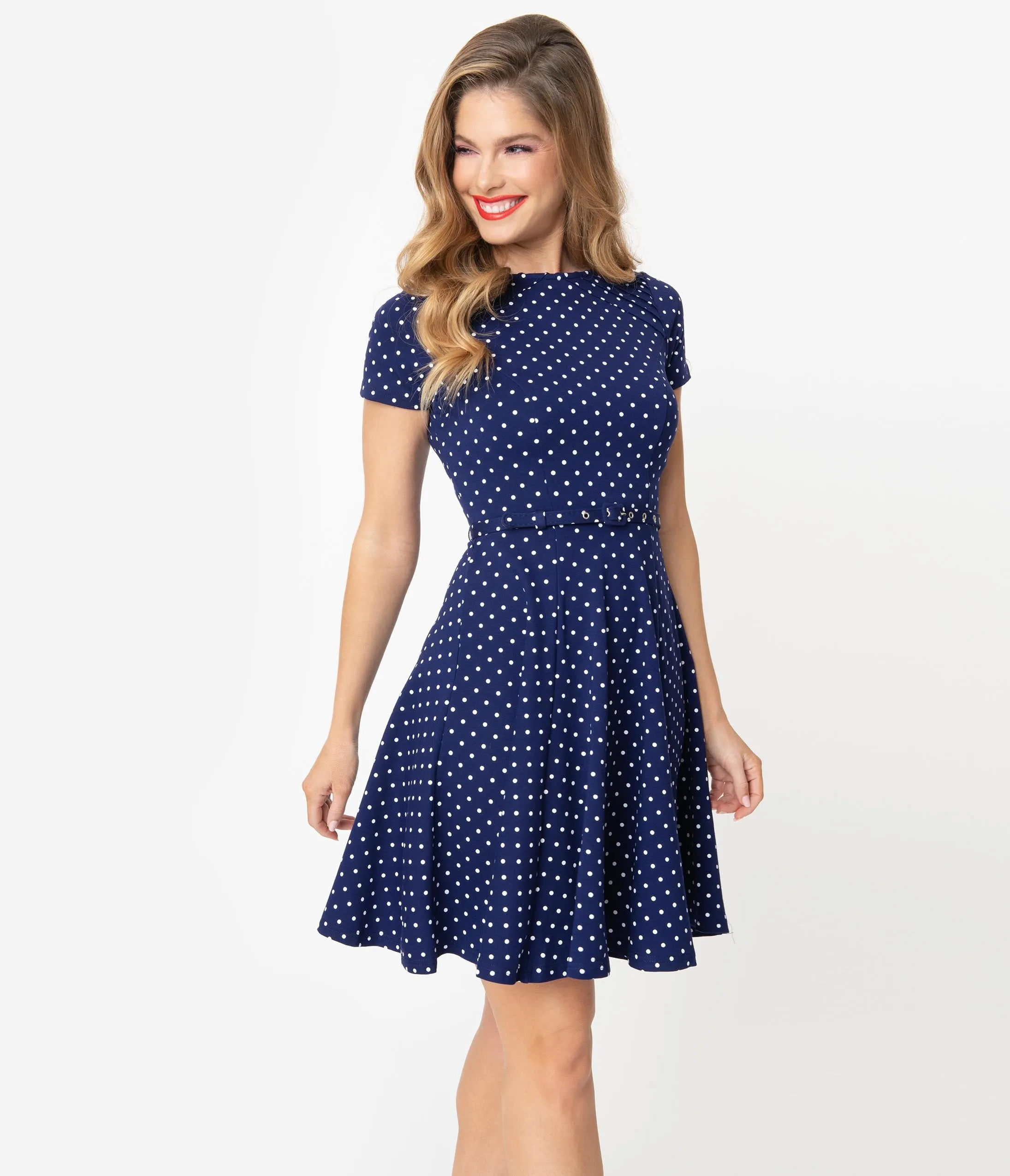 Unique Vintage Navy & White Pin Dot Short Sleeve Stephanie Fit & Flare Dress