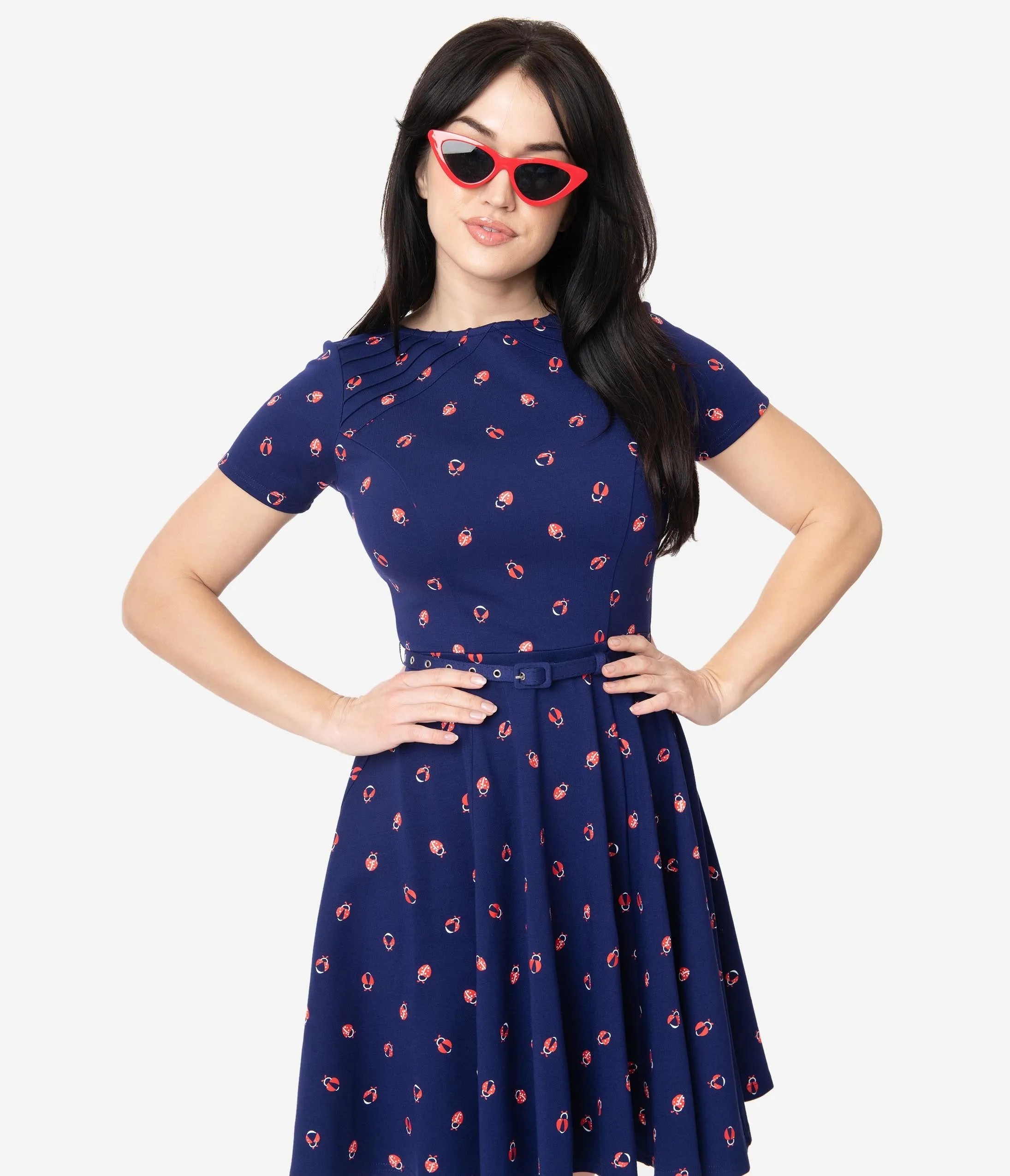 Unique Vintage Navy Ladybug Short Sleeve Stephanie Fit & Flare Dress