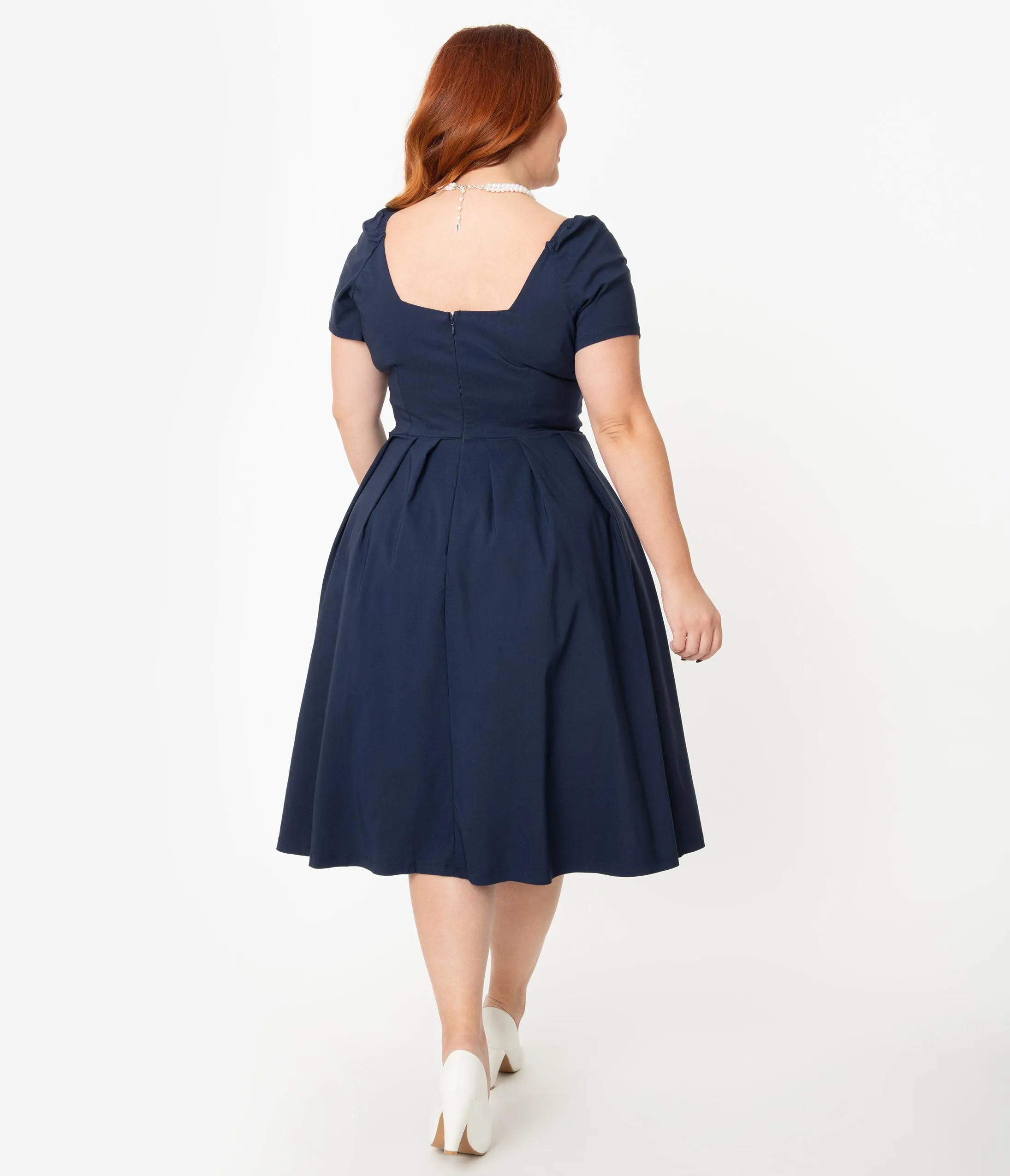 Unique Vintage Plus Size 1950s Navy Sweetheart Midge Swing Dress