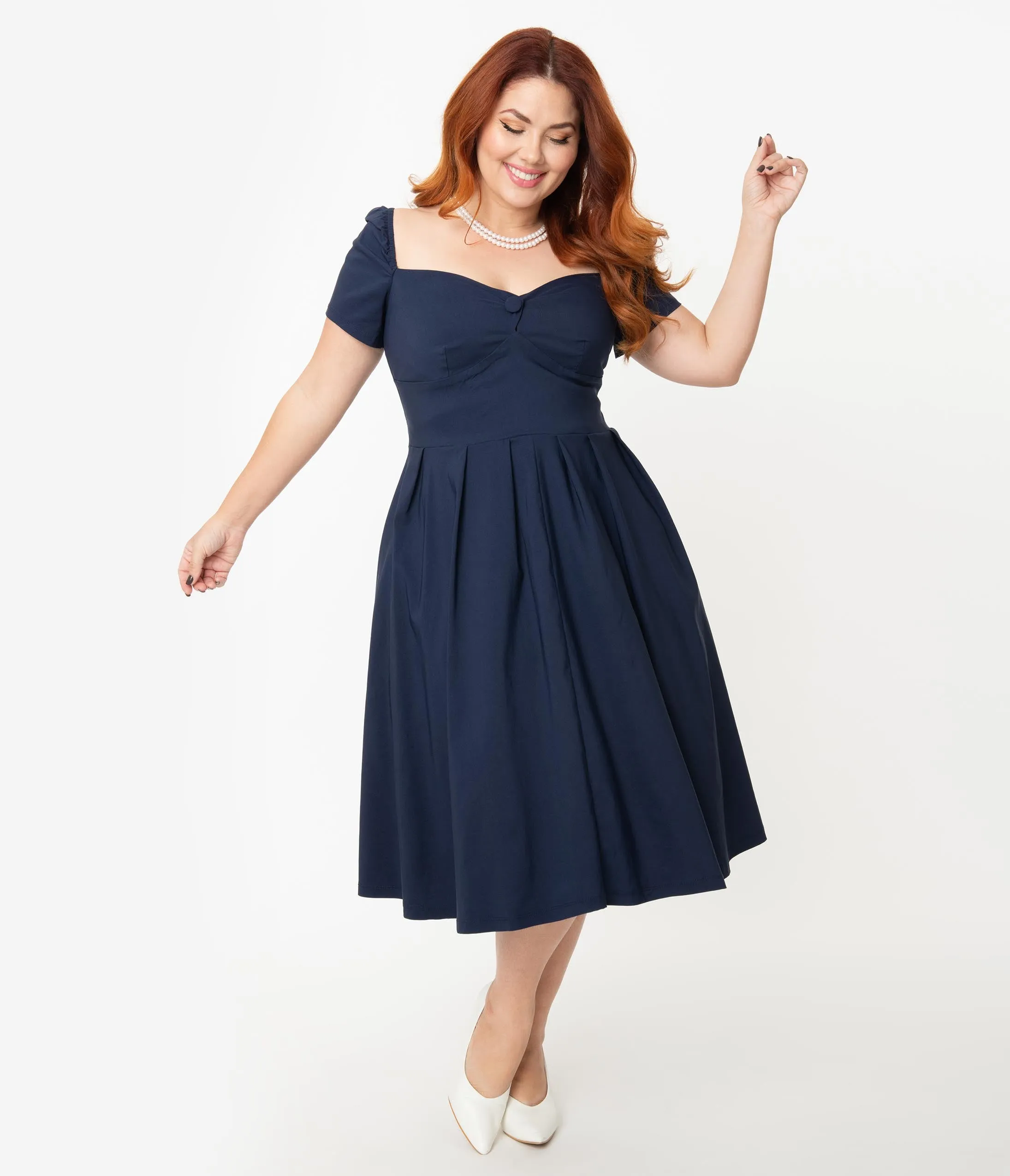 Unique Vintage Plus Size 1950s Navy Sweetheart Midge Swing Dress