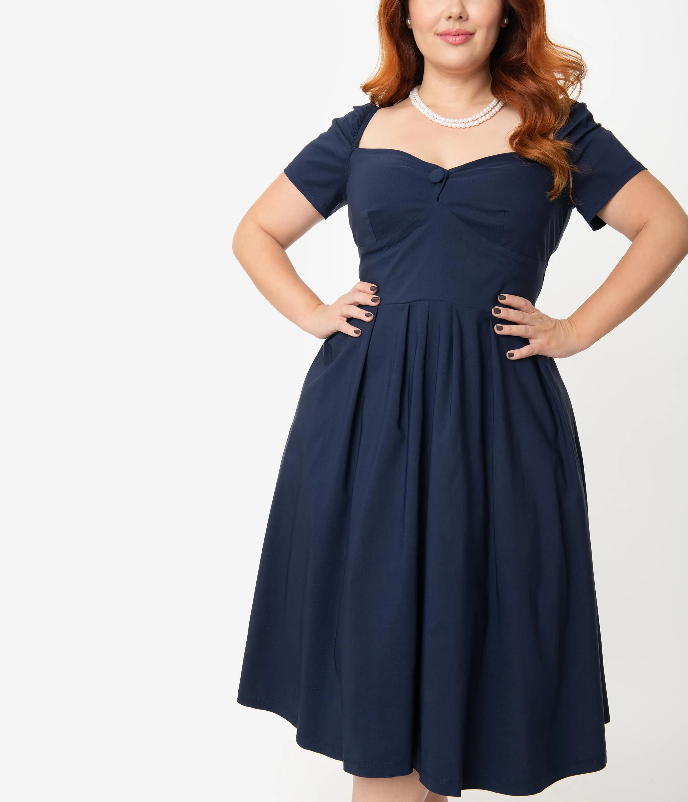 Unique Vintage Plus Size 1950s Navy Sweetheart Midge Swing Dress