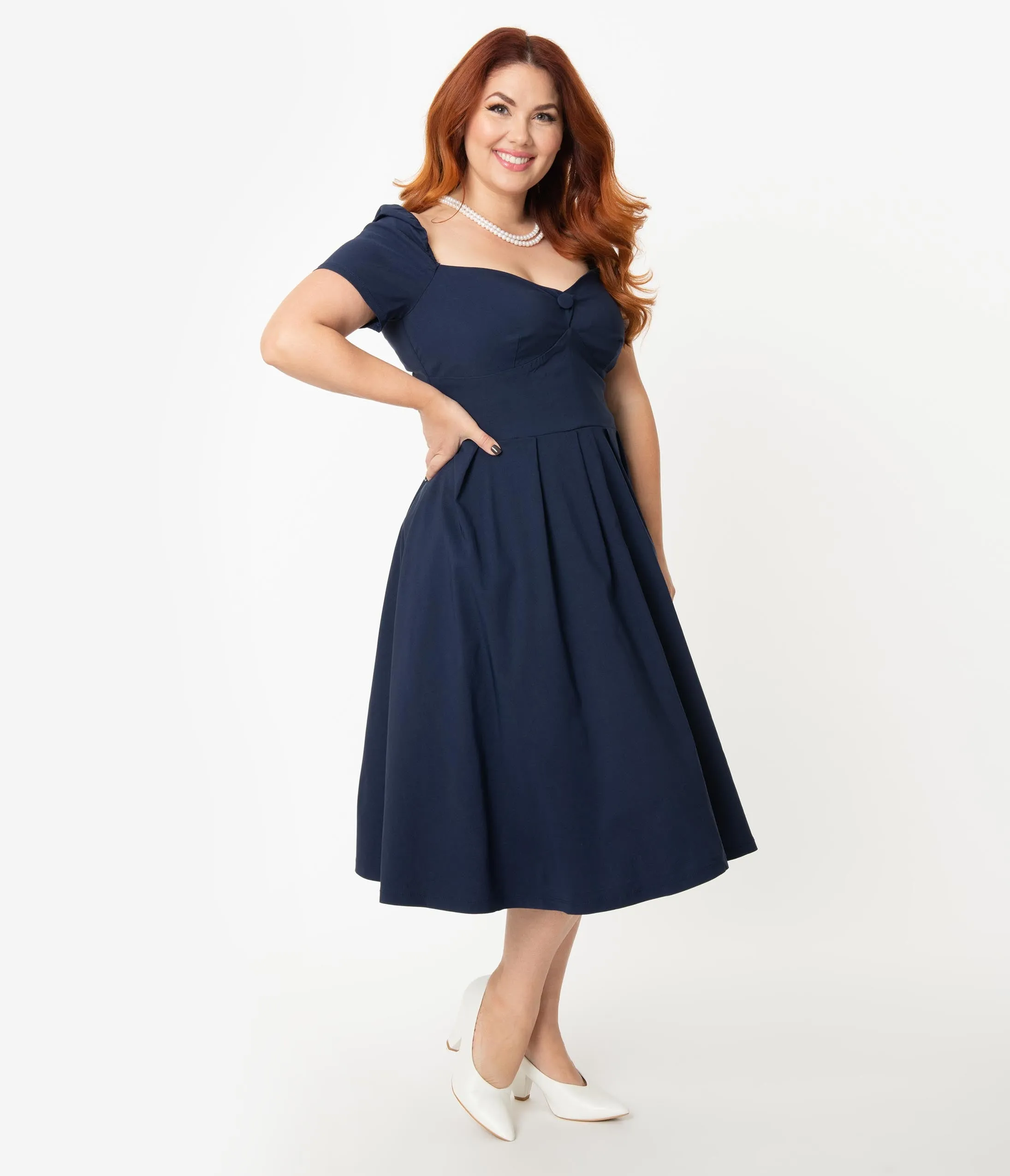 Unique Vintage Plus Size 1950s Navy Sweetheart Midge Swing Dress