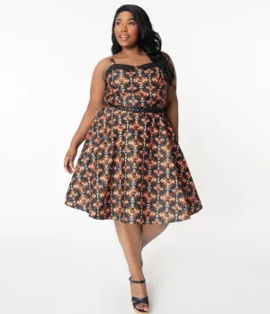 Unique Vintage Plus Size Black & Orange Halloween Print Rachel Swing Dress