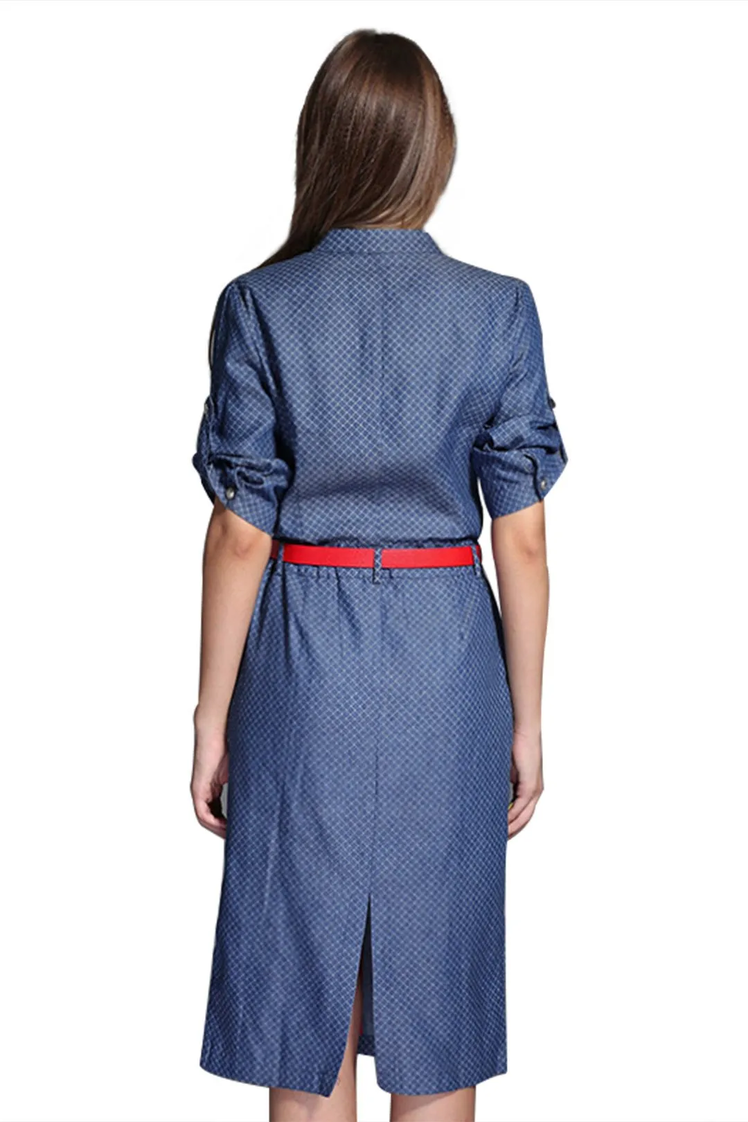 Wholesale Blue General Collar 3/4 Sleeve Length Side Pockets Curved Hem Shirt Dresses