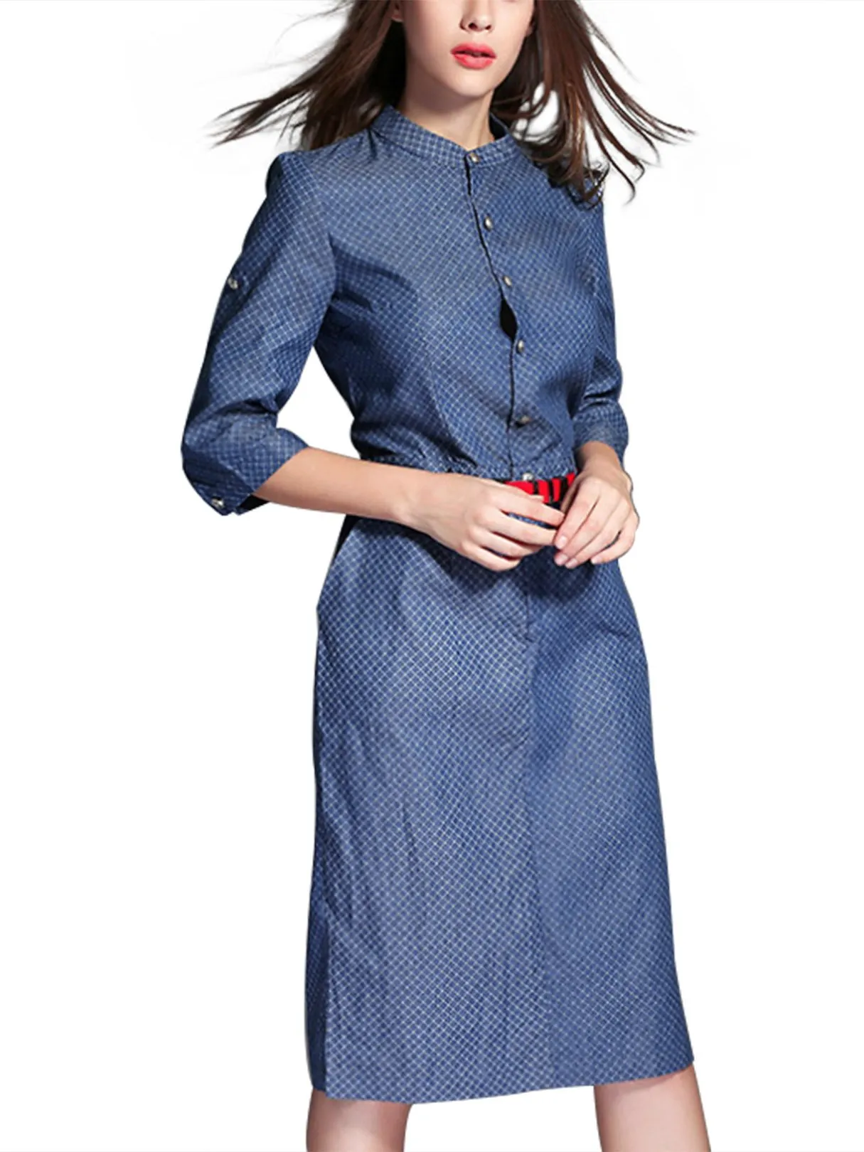 Wholesale Blue General Collar 3/4 Sleeve Length Side Pockets Curved Hem Shirt Dresses