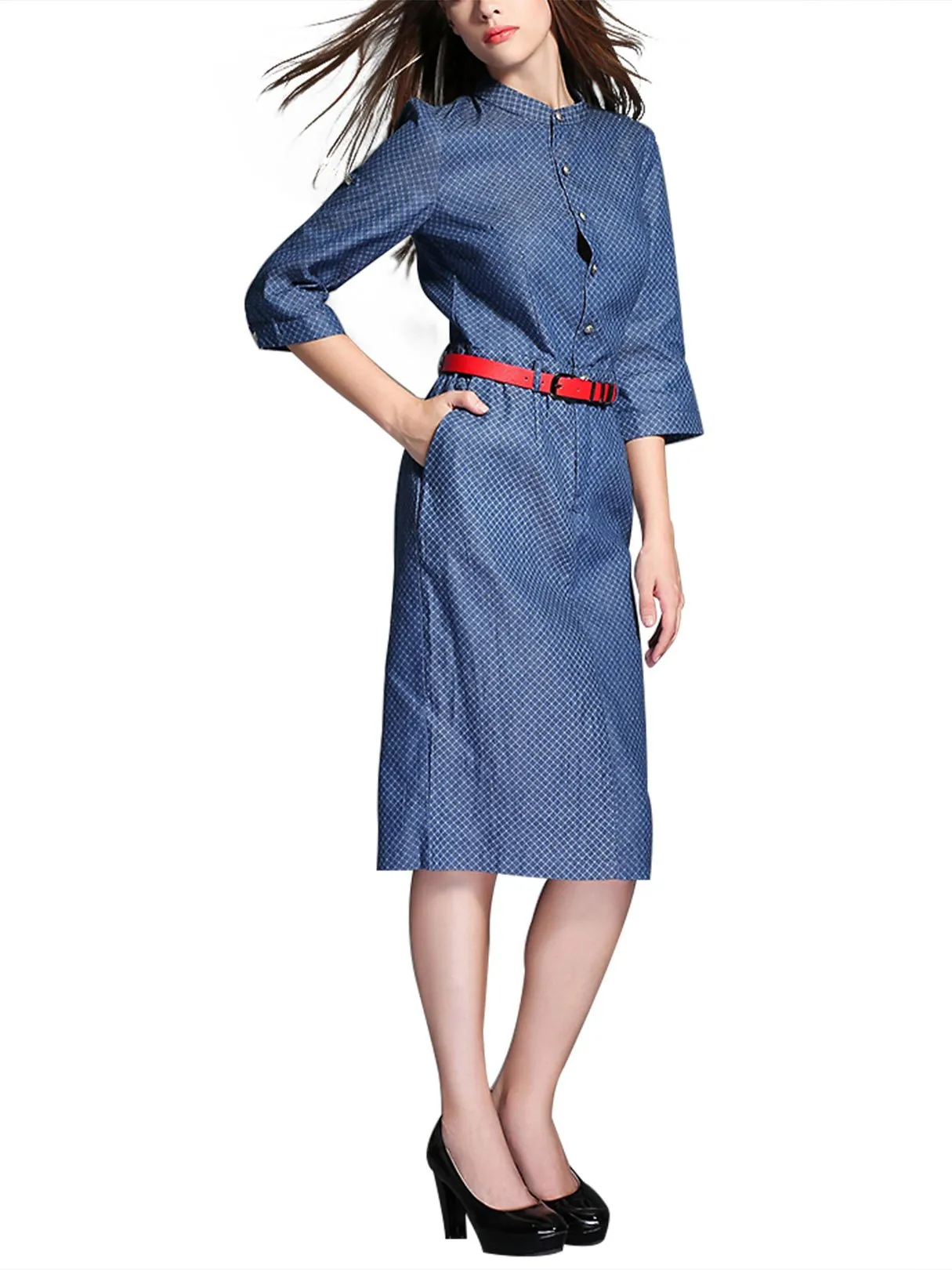 Wholesale Blue General Collar 3/4 Sleeve Length Side Pockets Curved Hem Shirt Dresses