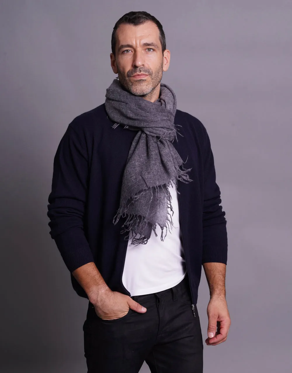 Woven Fringed Scarf in Washed Midnight Grey