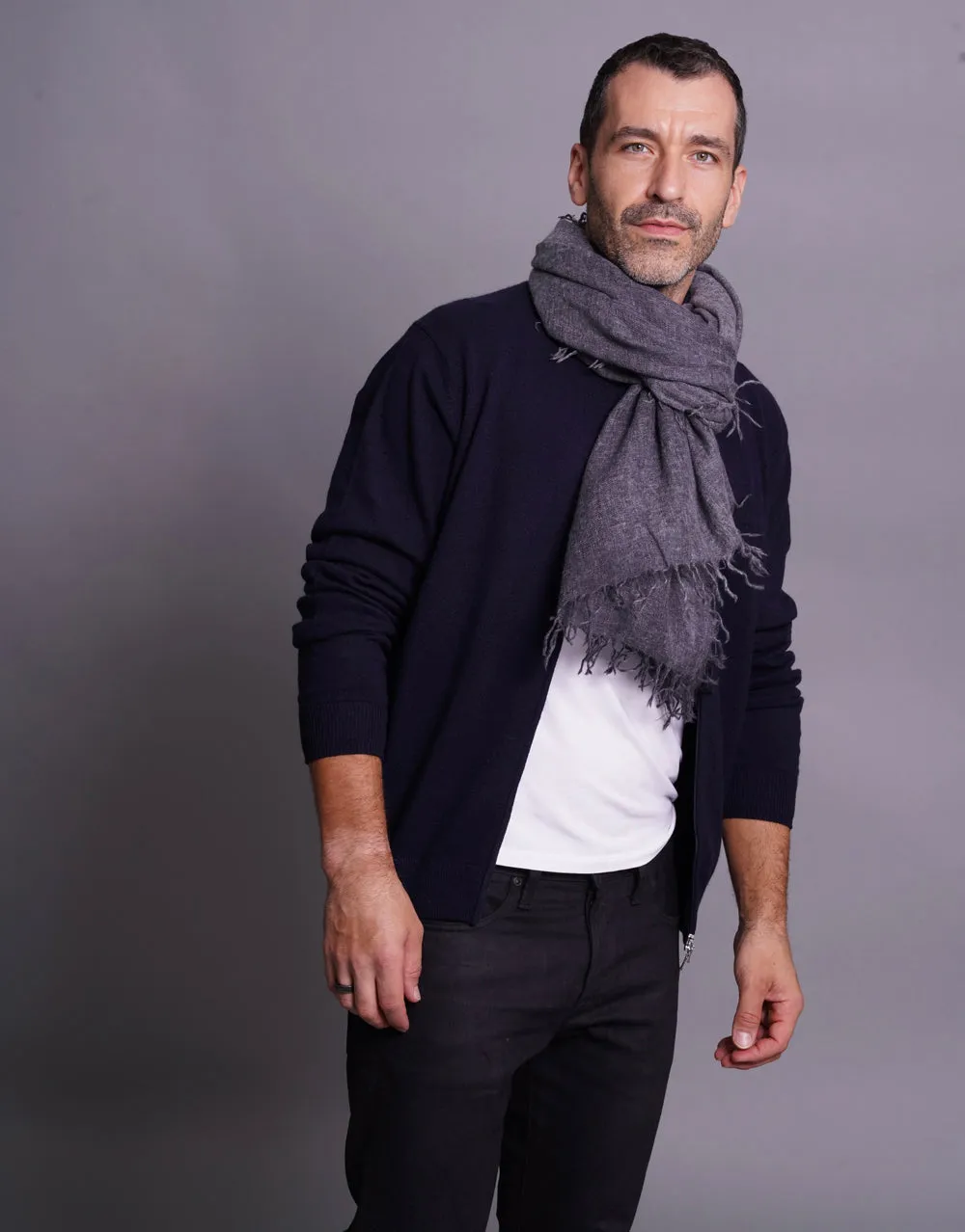 Woven Fringed Scarf in Washed Midnight Grey